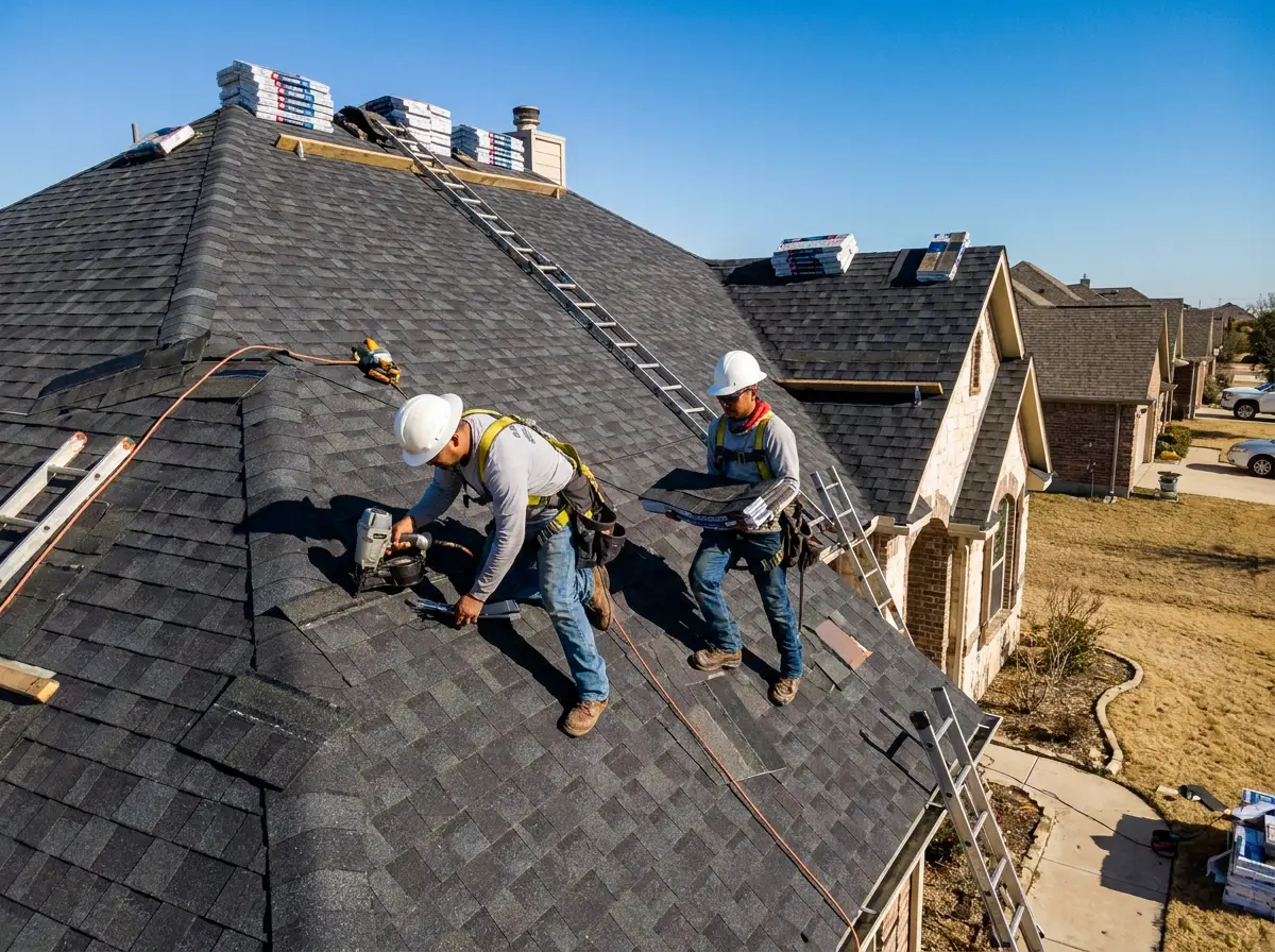 Roofing crew installing new asphalt shingles on a residential roof
